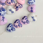 Printed bead Blue and white porcelain printed heart-shaped beads