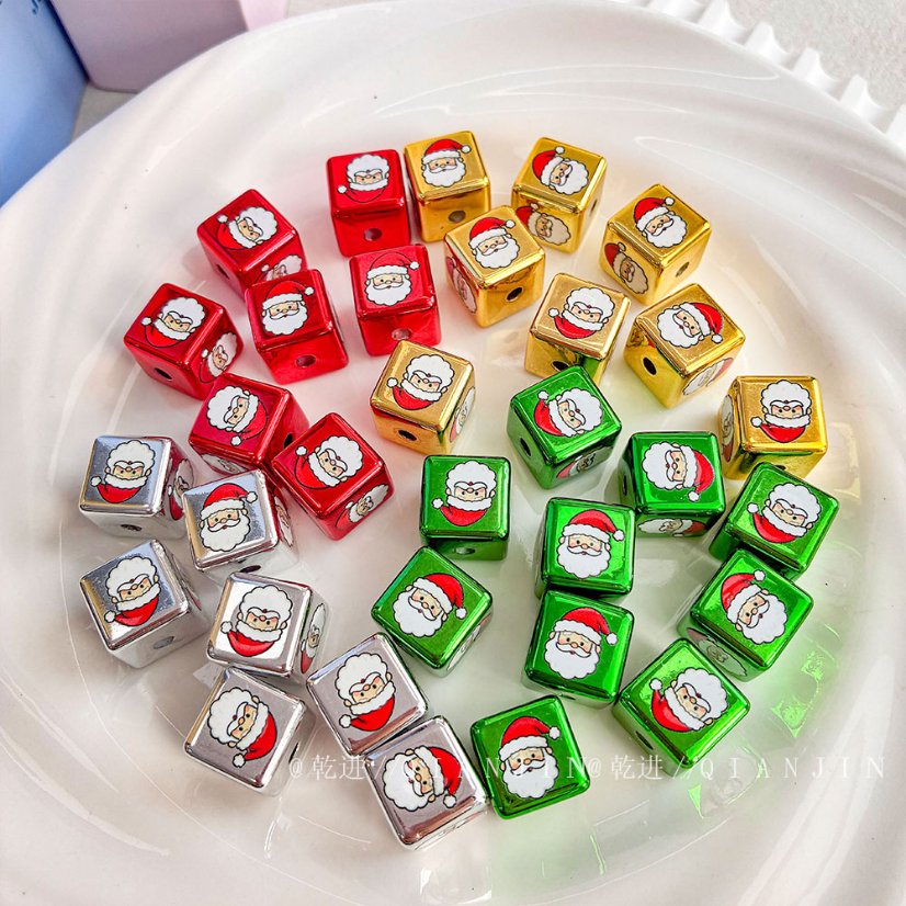Printed bead Christmas-themed cube beads