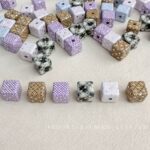 Printed bead Plaid print silver star square beads